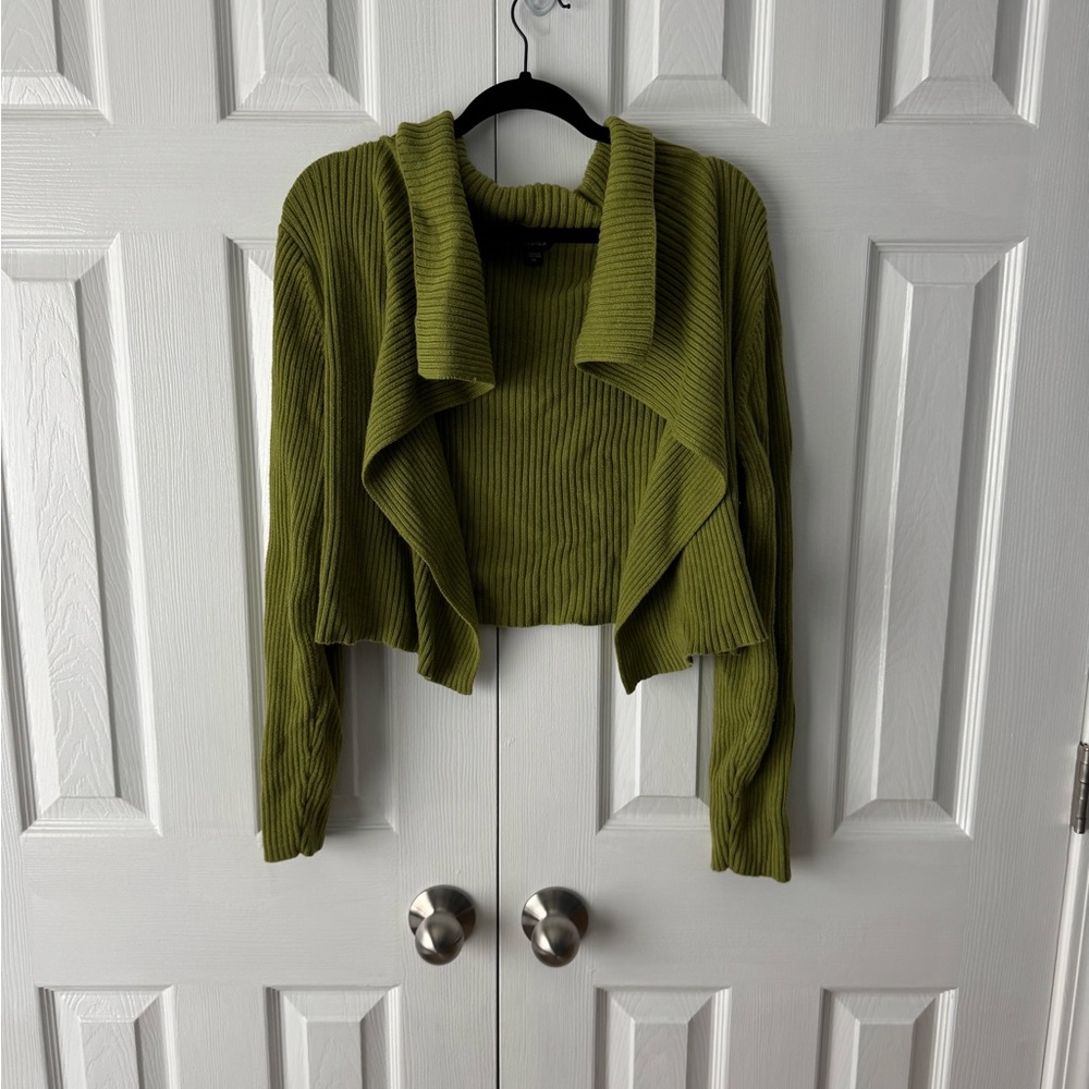 Eileen Fisher Olive Green Cardigan XL Open Front Cropped Cotton Quiet Luxury